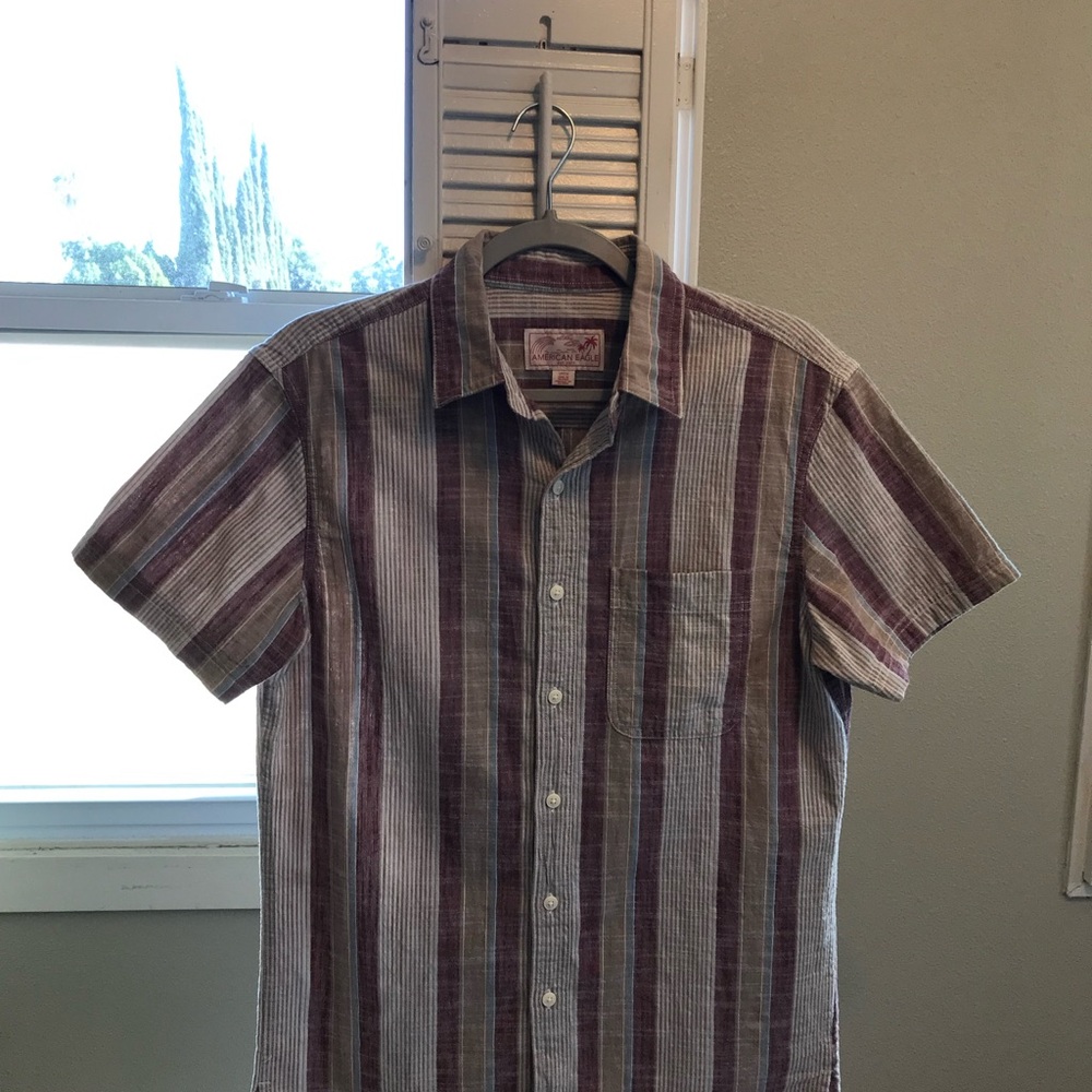 American Eagle Men’s Brown Tan Green Striped Button Down Shirt SZ Small NEW